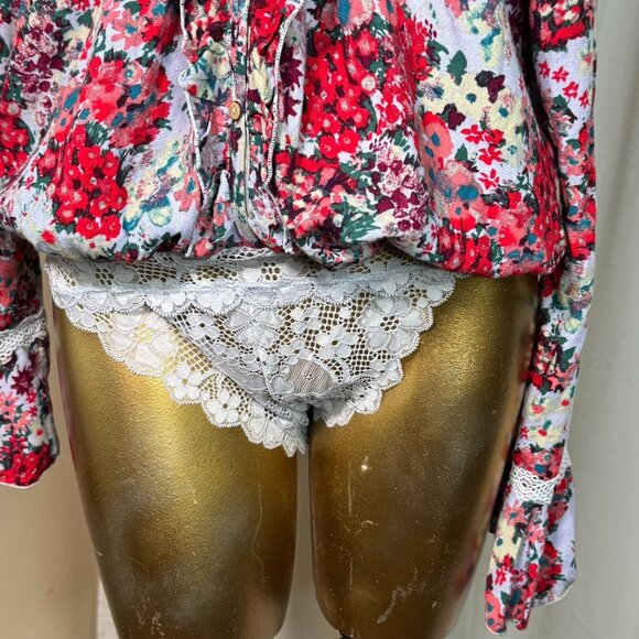 Free People Women's Heat Wave Thong Bodysuit Size Medium Floral Ruffle Blue Red - Picture 3 of 10